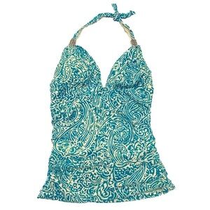 Carmen Marc Valvo Halter Tankini‎ Swim Top Lapis Blue Paisley Print Size M NWT